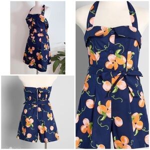 NWT ModCloth ERA Peach Fruit Navy Blue Buttons PLUS Size 2X Halter Tied Romper‌‍
